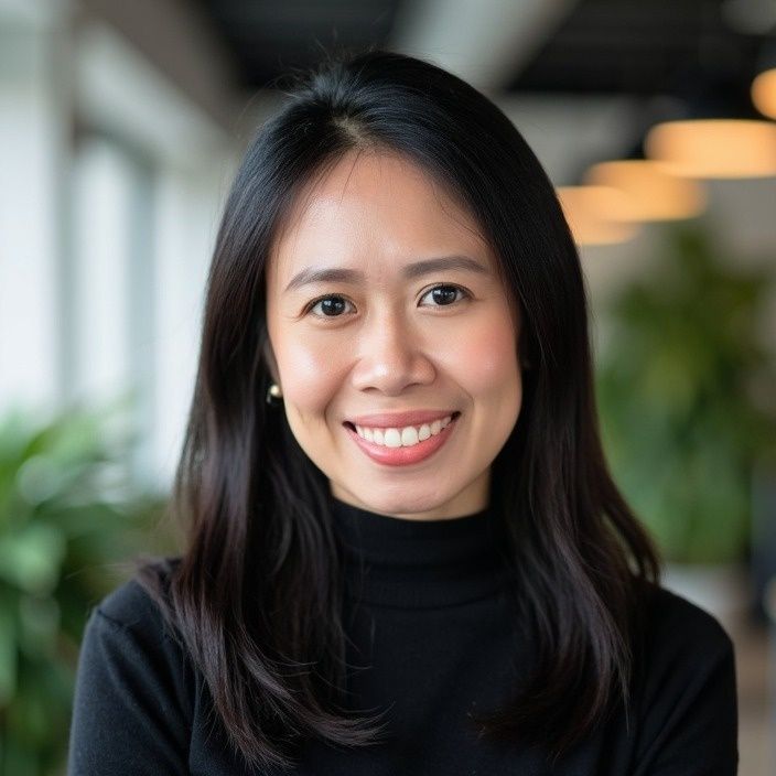Woman with dark hair smiles, wearing a black turtleneck in a well-lit office.