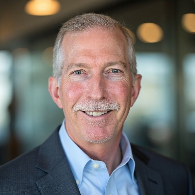 Smiling man with gray hair and mustache, wearing a blue shirt and gray blazer in an office setting.