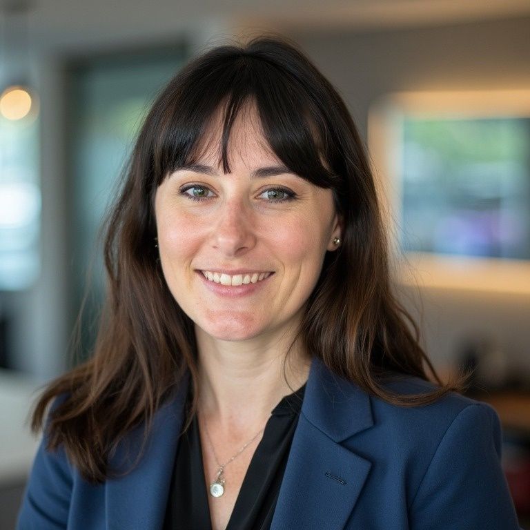Woman with dark hair smiles, wearing a navy blazer and black shirt, in an office setting.