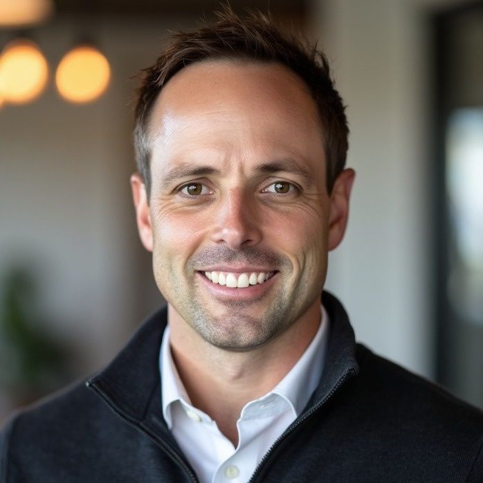 Man with short brown hair, smiling, wearing a black jacket over a white shirt, indoors.
