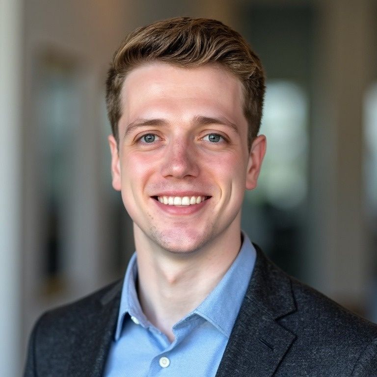 Man in a blue shirt and grey blazer smiling, soft focus background.