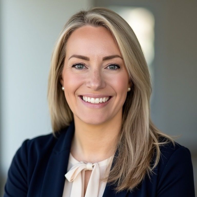 Blond woman in navy blazer smiles at the camera.