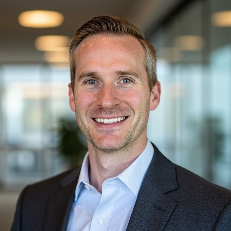Man in suit smiling indoors.