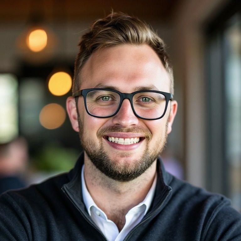 Man wearing glasses smiling, in a sweater and collared shirt; blurred background with bokeh lights.