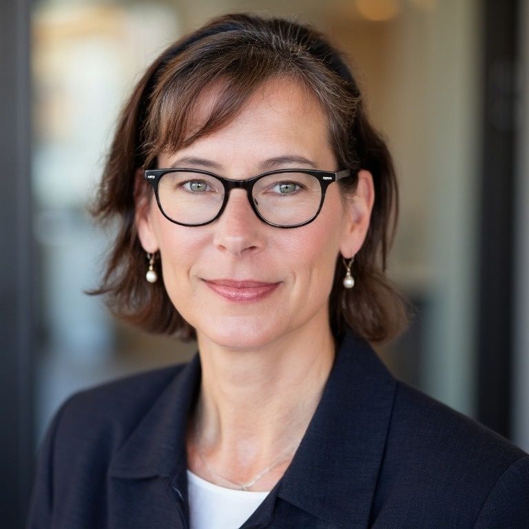 Woman with glasses smiles, wearing a dark blazer, pearl earrings, and a white top.