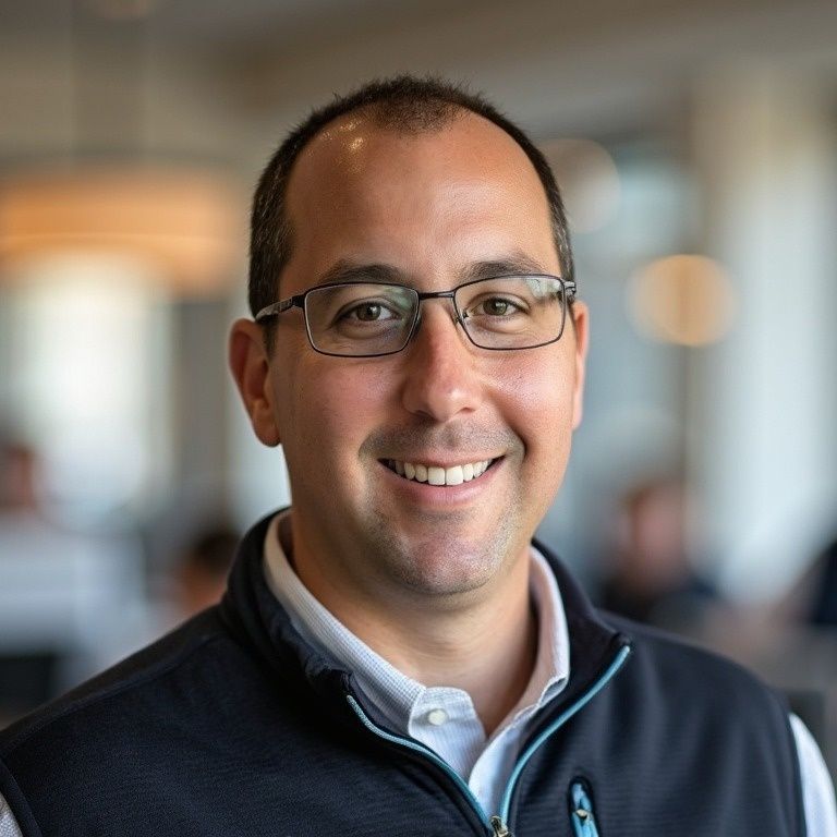 Man with glasses smiling, wearing a blue vest and white shirt; blurred office background.