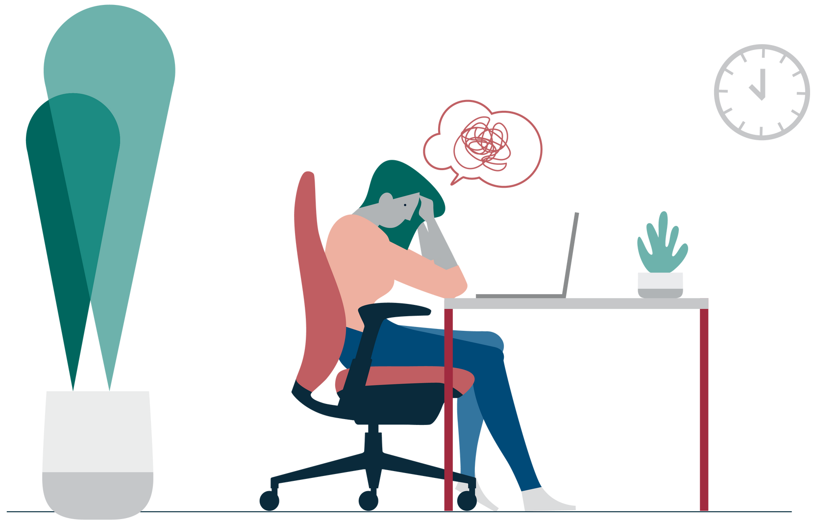 A woman is sitting at a desk with her head in her hands.