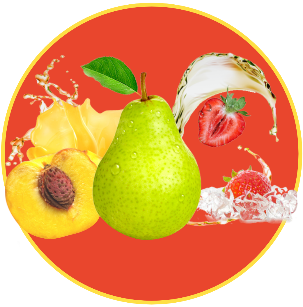 a pear a peach and a strawberry are in a circle on a red background