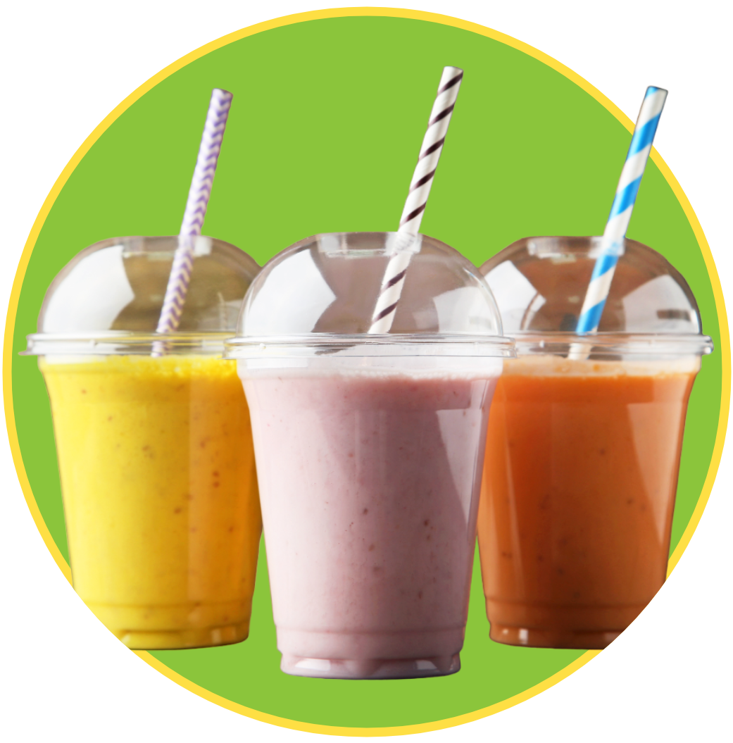 three smoothies in plastic cups with straws on a green background