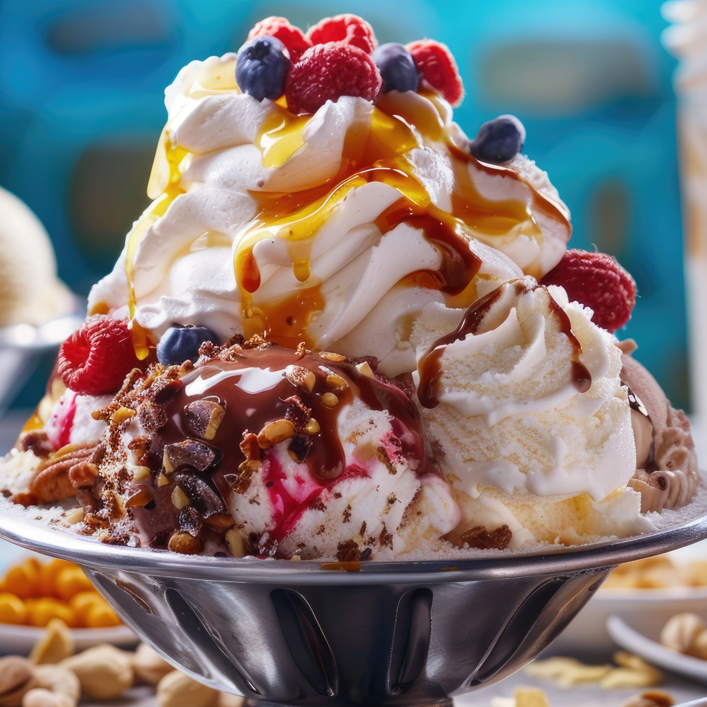A Banana split with ice cream, whip cream, sprinkles, nuts, and cherries. 