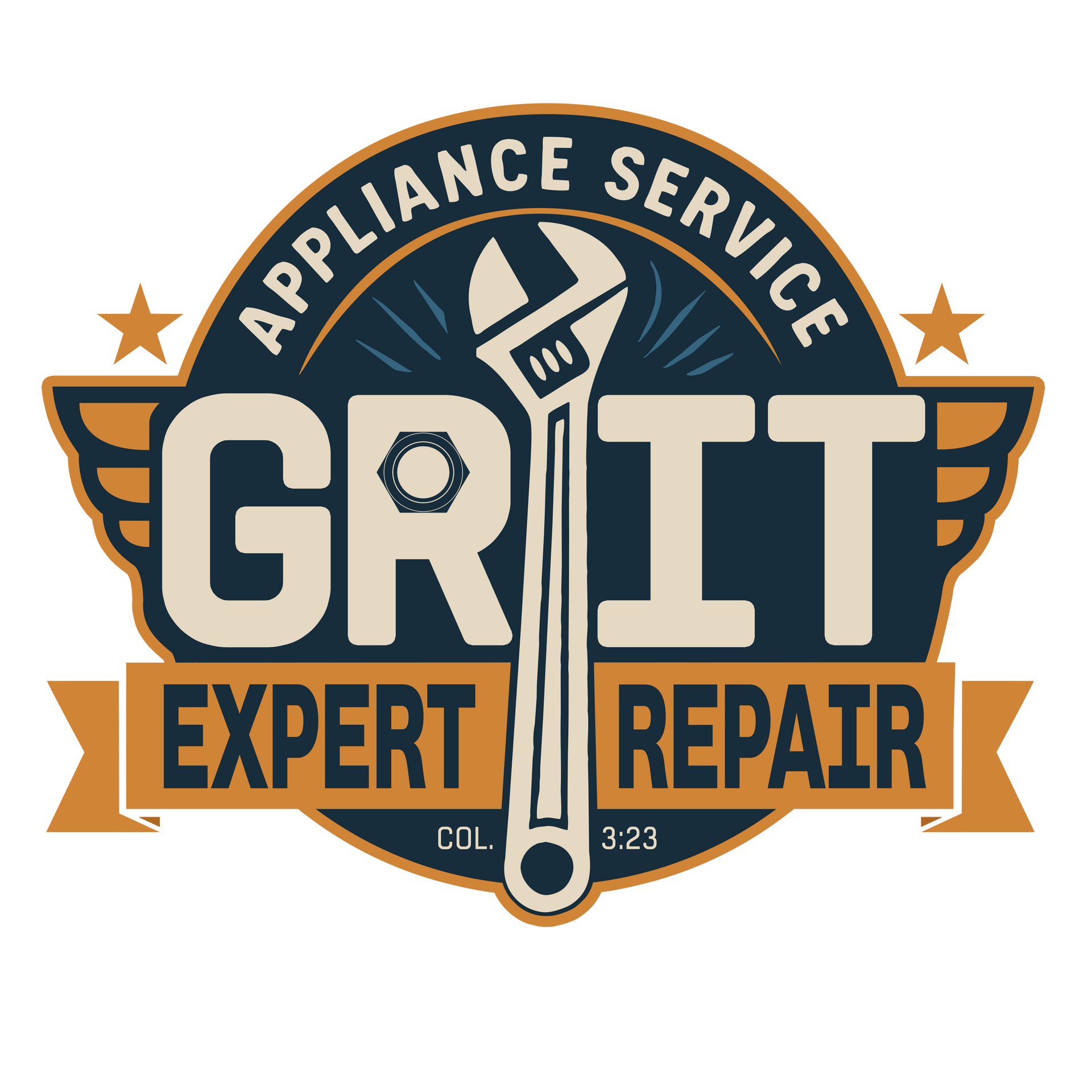 Logo for Grit Appliance Service: Navy, tan, and gold design with a wrench, wings, and text.