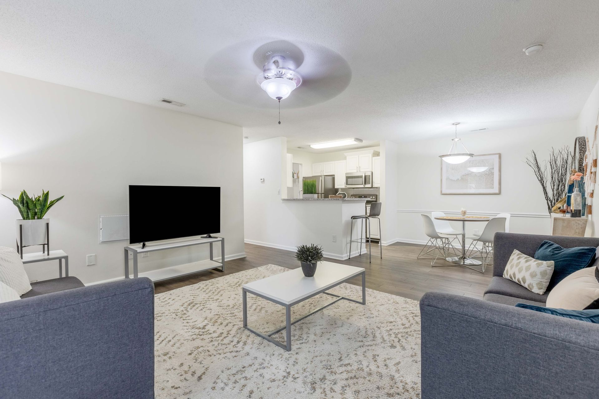 A student apartment living room at Rivers Edge at Carolina Stadium.