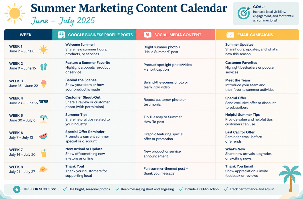 Sample summer marketing content calendar for a local business showing weekly Google Business Profile posts, social media content, and email campaigns.