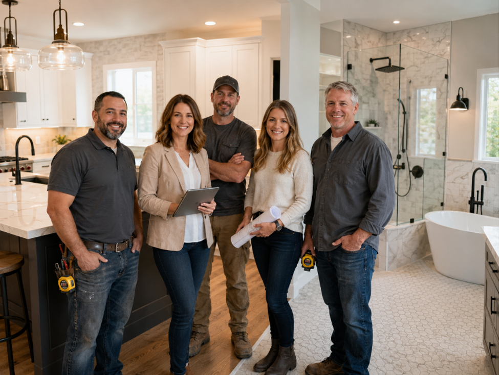 Local kitchen and bath contractor team standing in a completed remodel project, demonstrating real-world experience signals for E-E-A-T local SEO.