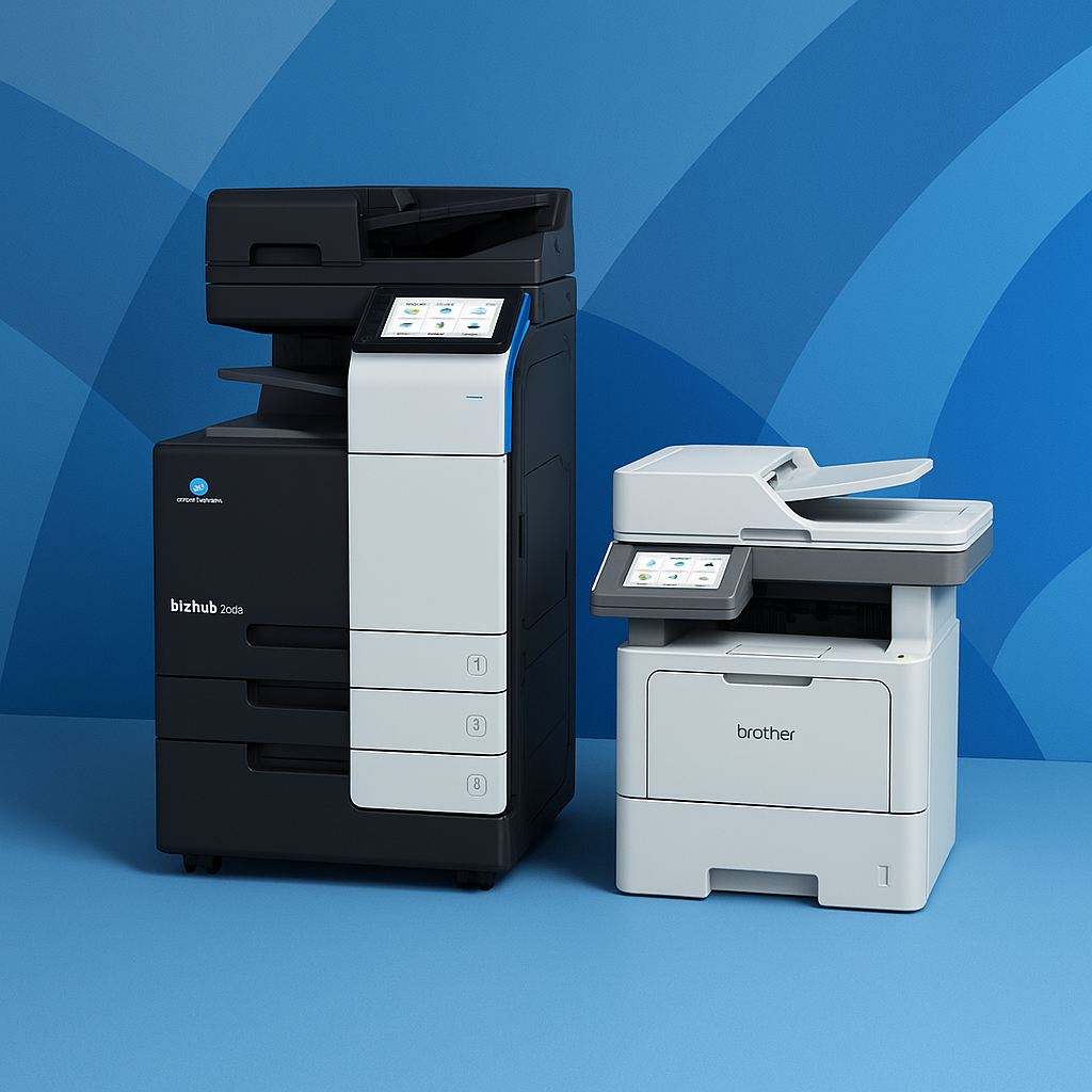 Dos impresoras de oficina: una negra, alta; la otra gris, compacta, con pantallas táctiles.