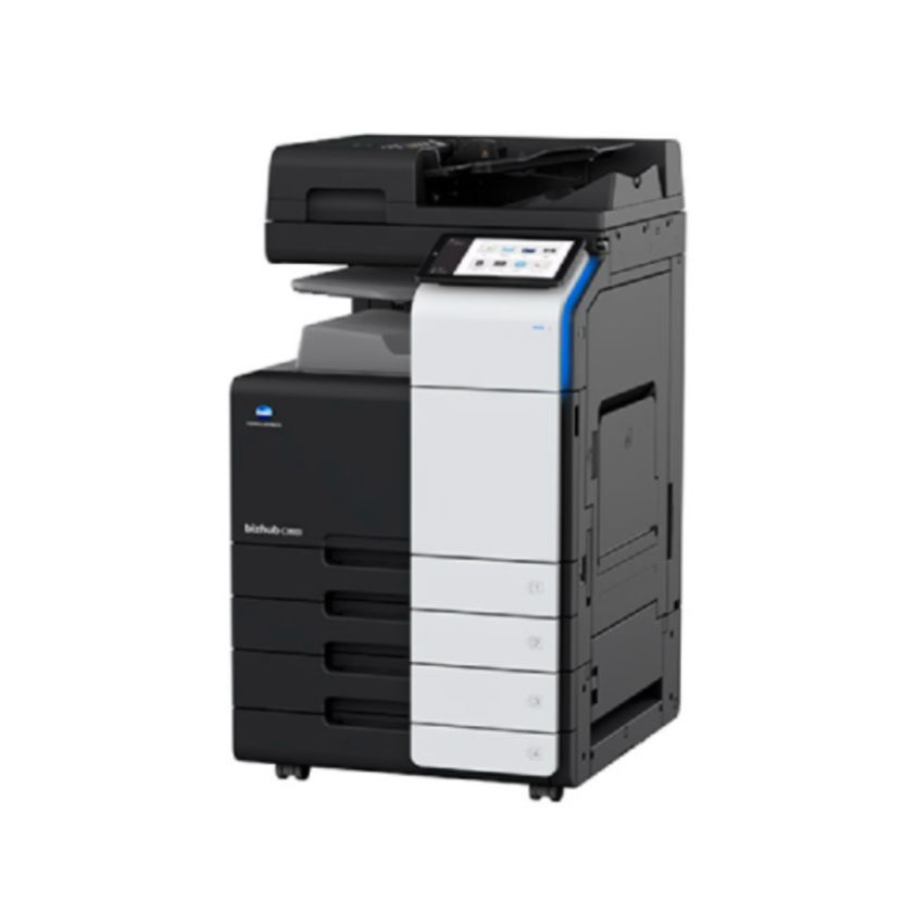 Impresora multifunción Konica Minolta Bizhub C250i. Negro, blanco y azul. Entorno de oficina.