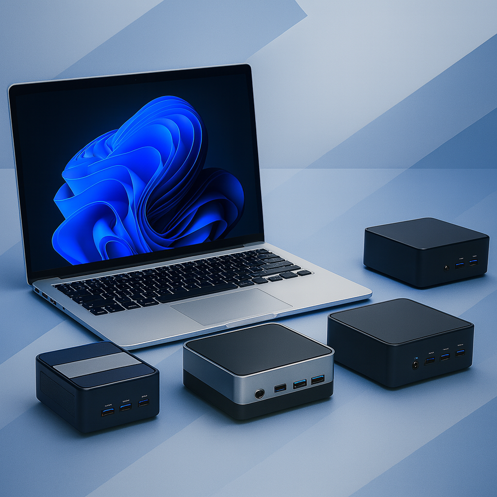 Computadora portátil que muestra el logotipo de Windows 11 con varias mini PC negras, sobre una superficie en tonos azules.