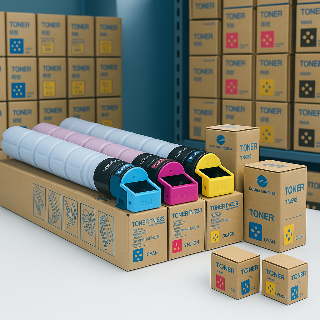 Cartuchos de tóner de varios colores con cajas apiladas en una sala de almacenamiento.