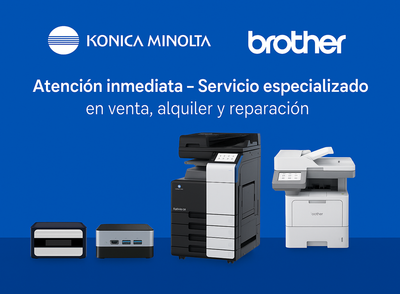 Anuncio de impresoras Konica Minolta y Brother: venta, alquiler y reparación. Fondo azul, impresoras destacadas.