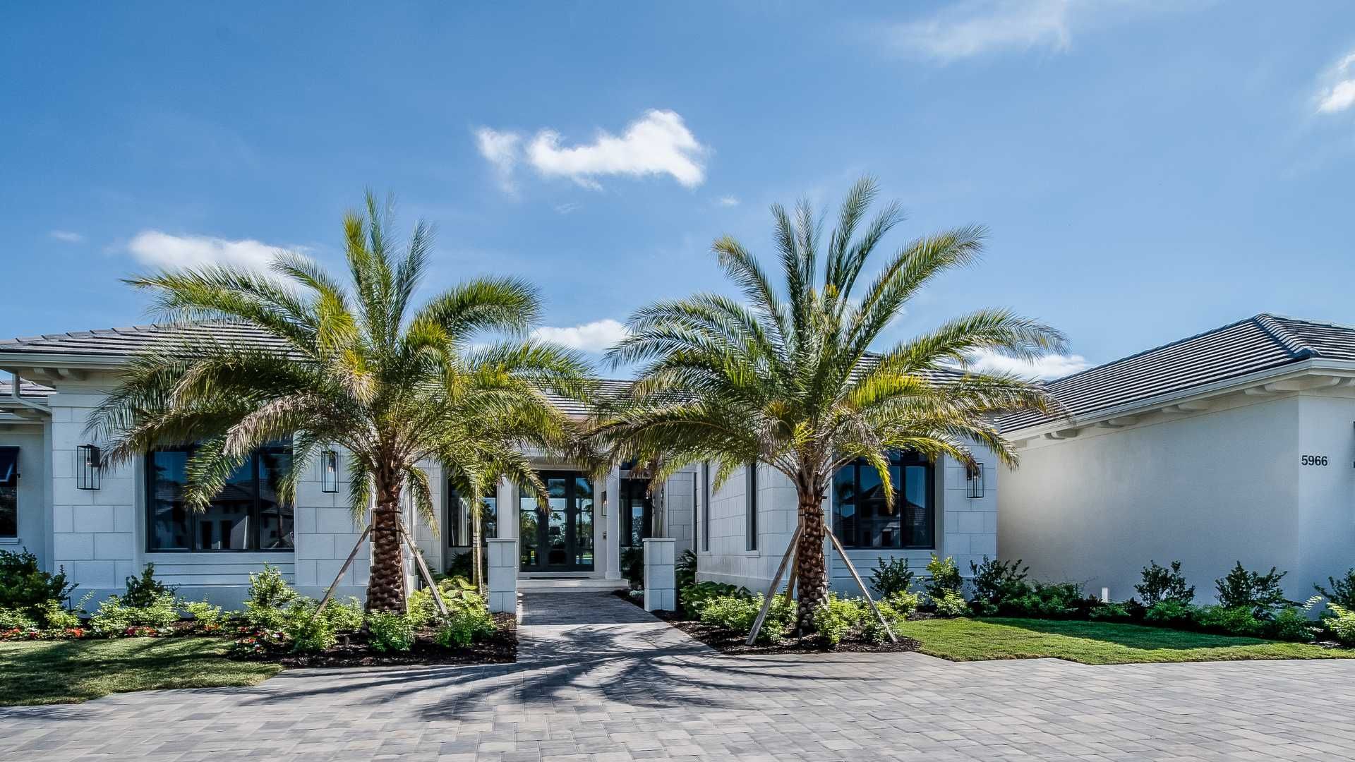 A single-story white stucco home with palm trees in the front yard under a clear blue sky.