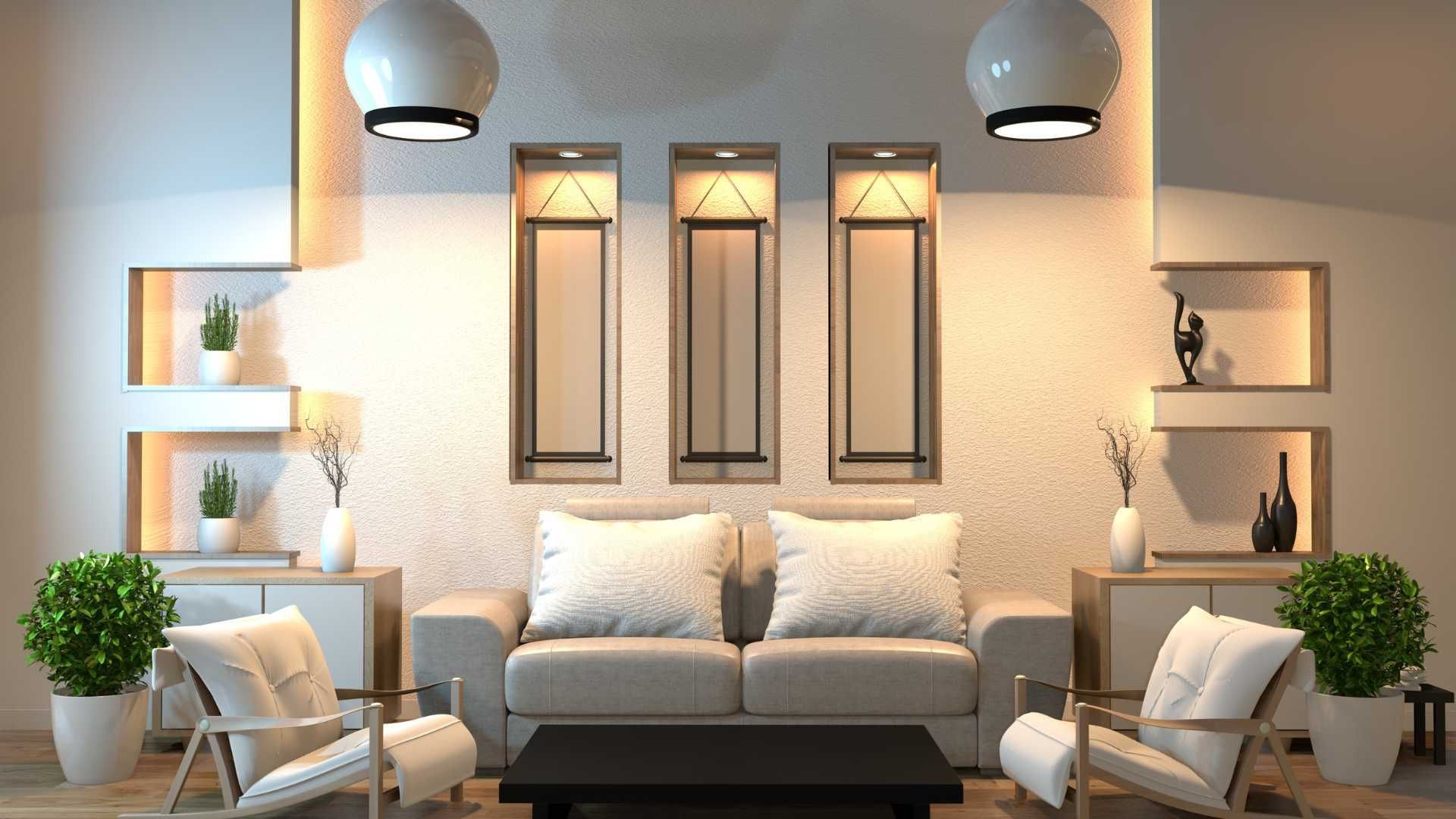 A modern living room with a beige sofa, two white armchairs, a black coffee table, wall niches with decor, and warm lighting.