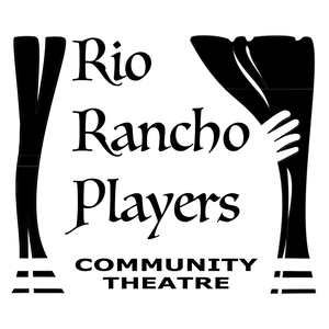 Logo for Rio Rancho Players Community Theatre featuring text framed by black stage curtains.