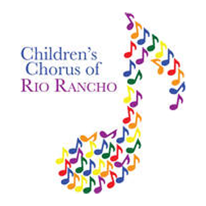 The logo for Children's Chorus of Rio Rancho, featuring text next to a large musical note made of smaller, colorful notes.
