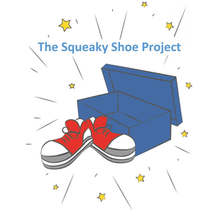 A blue shoe box with red sneakers in front, surrounded by yellow stars and lines, with text