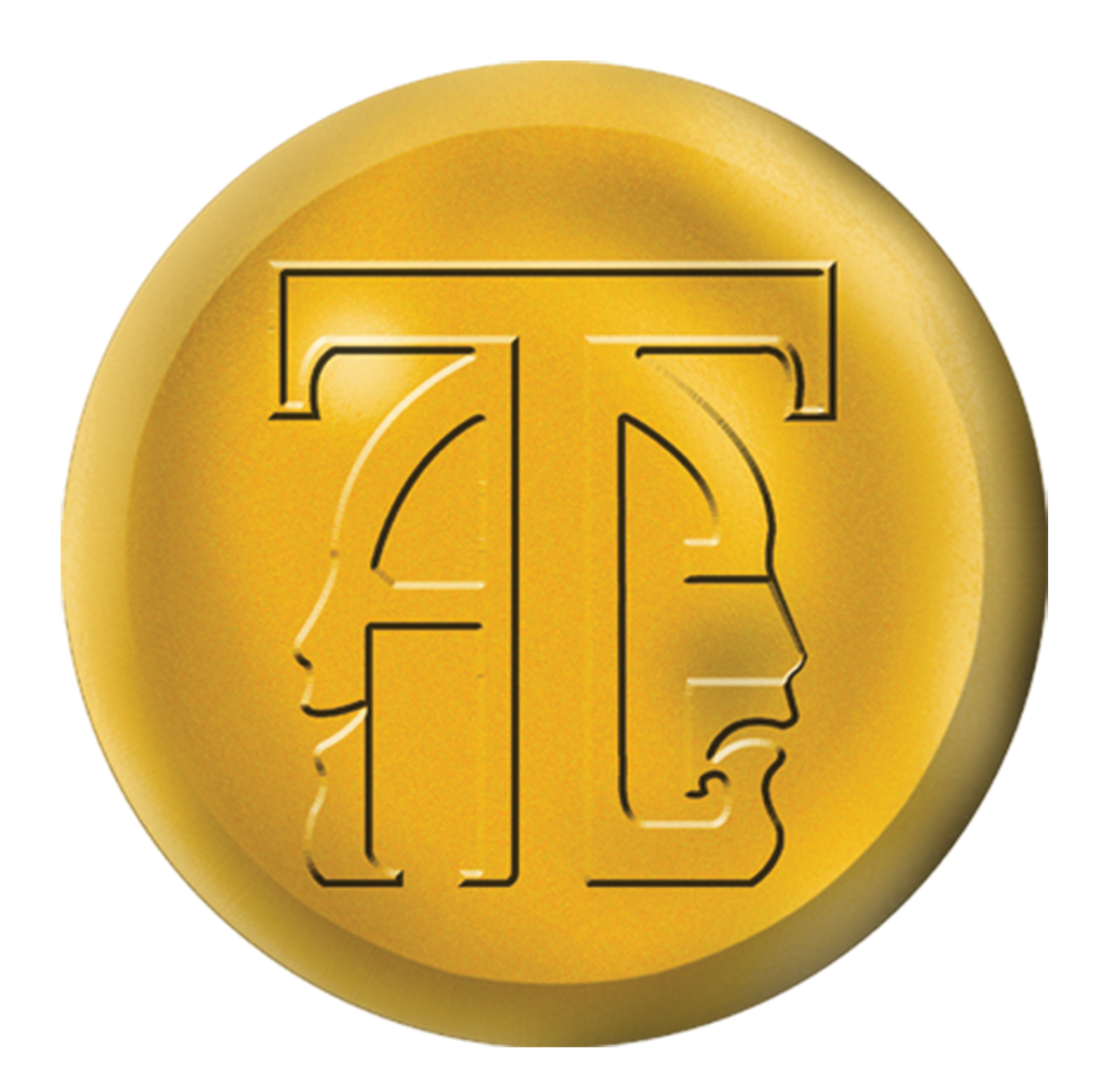 A gold circular emblem featuring an stylized letter T integrated with the silhouettes of two faces looking in profile.