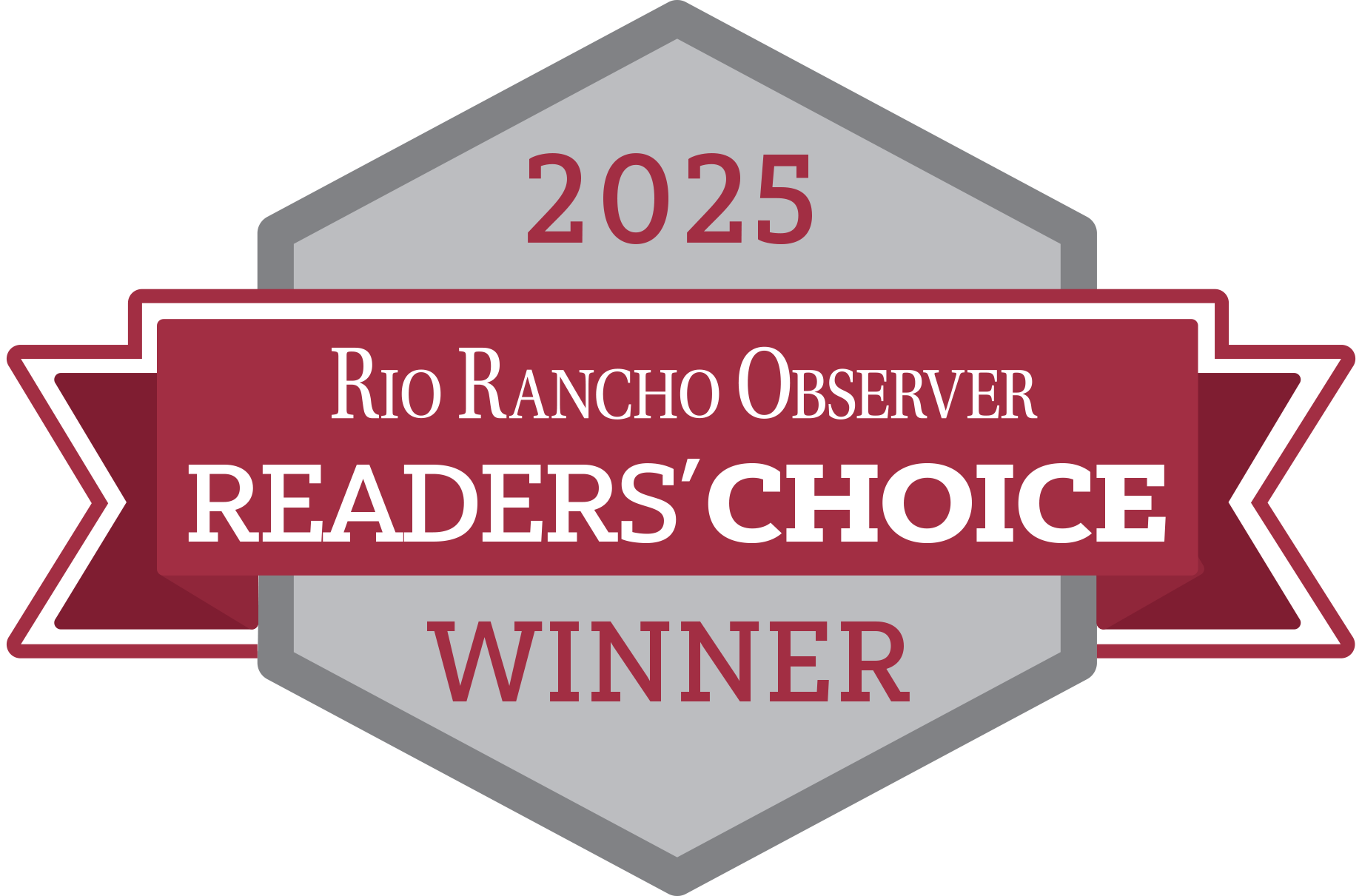 2025 Rio Rancho Observer Readers' Choice Winner badge featuring red and grey text on a shield-shaped emblem.