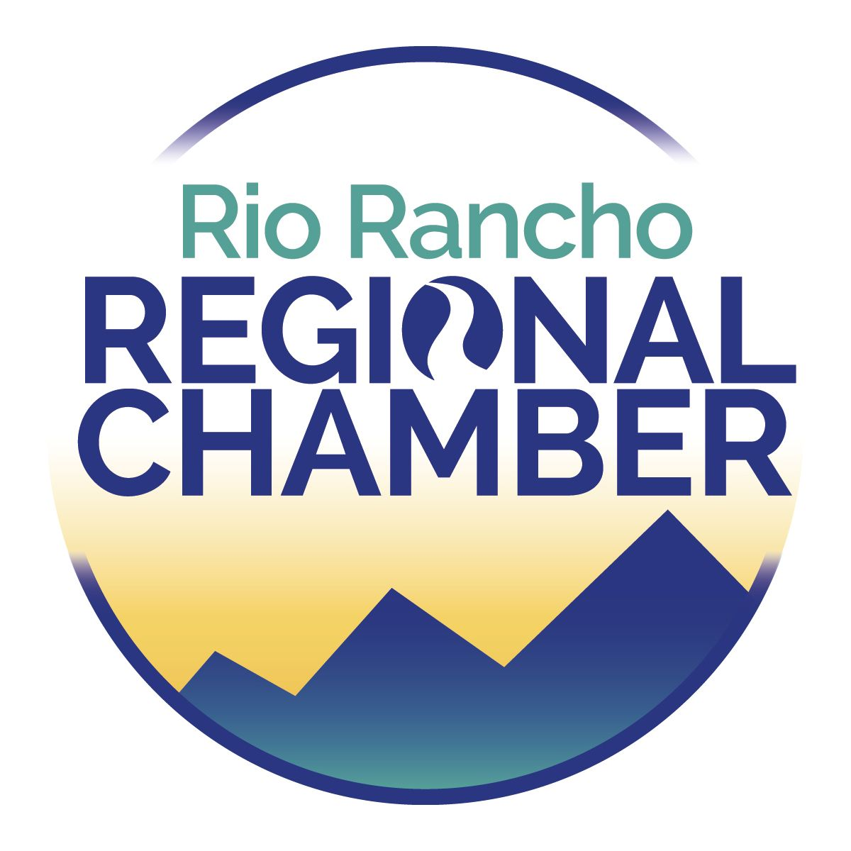 Logo for the Rio Rancho Regional Chamber with blue text and a mountain range graphic inside a circular border.