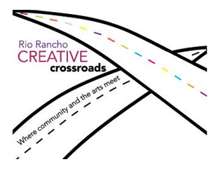 Logo for Rio Rancho Creative Crossroads showing two intersecting roads, one with a rainbow dashed line.