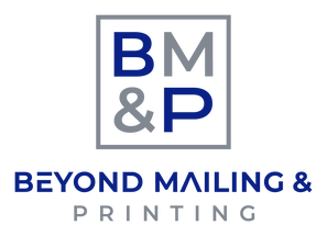 Logo for Beyond Mailing & Printing featuring a gray square box with blue and gray text: BM, &, P, and company name.