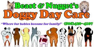 Logo for Beast & Nugget's Doggy Day Care, featuring the company name, phone number, and a line of dogs shown from behind.
