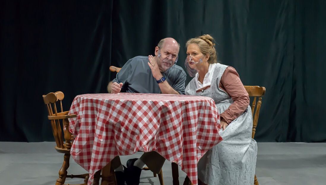 A person in a gray shirt and another in a colonial-style dress lean toward each other at a red-checkered table.