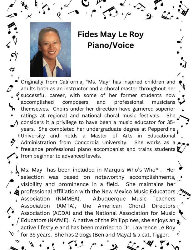 Professional biography of music instructor Fides May Le Roy with her photo, qualifications, and affiliations.