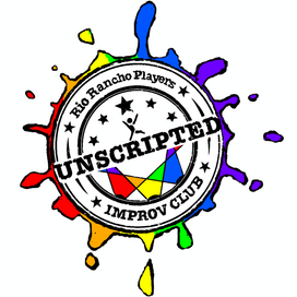 Logo for the Rio Rancho Players Unscripted Improv Club, featuring a central badge on a vibrant rainbow paint splatter.