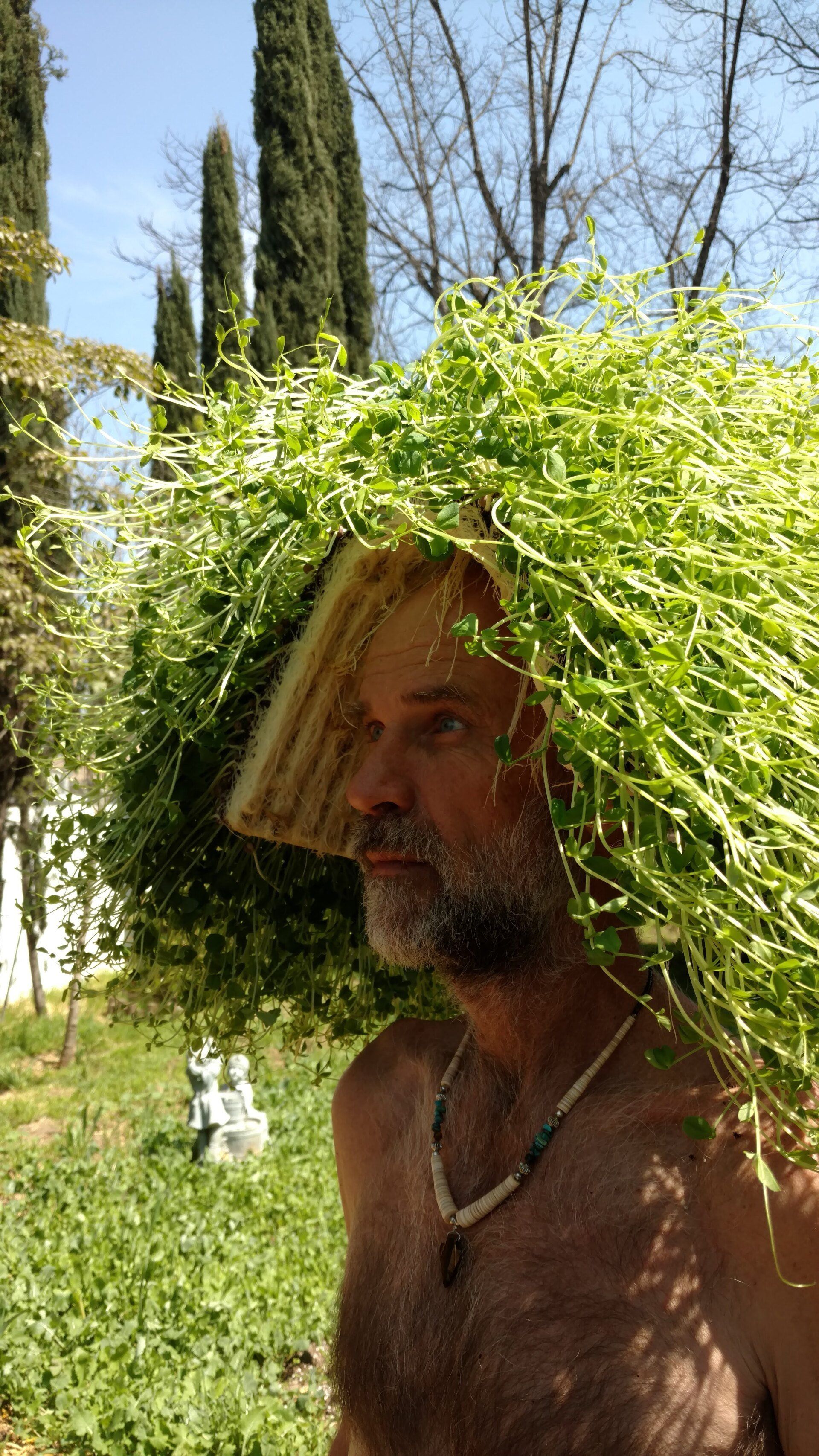 Man wearing a leafy hat outdoors. Lush green vegetation on the hat, blue sky.