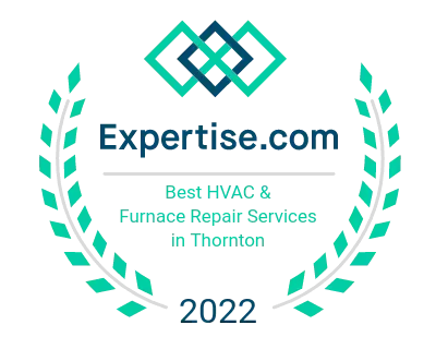 Expertise.com award for Best HVAC & Furnace Repair Services in Thornton, 2022. Green and blue logo.