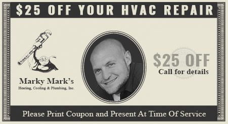 Coupon for $25 off HVAC repair from Marky Mark's, with a portrait of a smiling man.