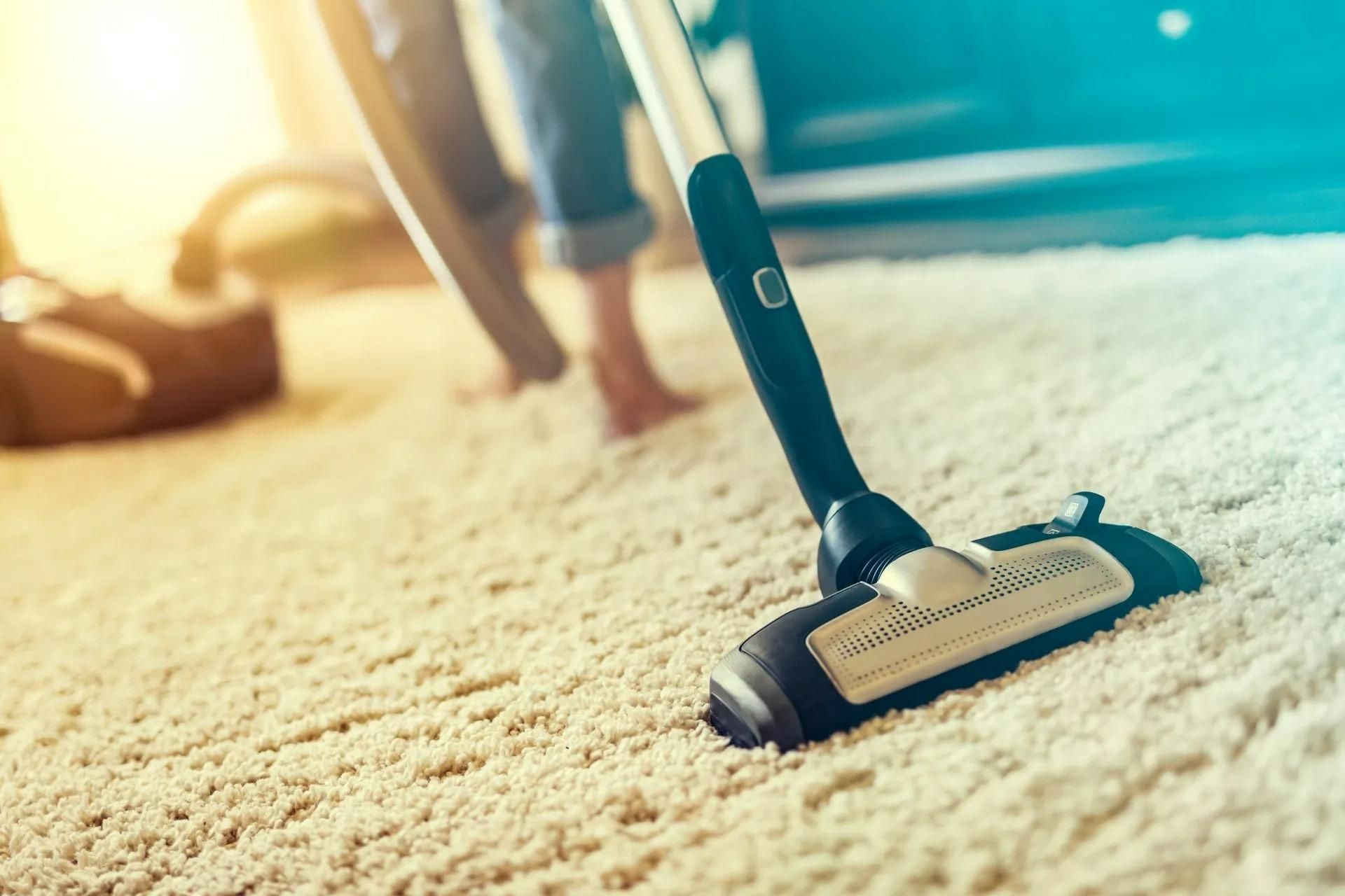A Person is Vacuuming a Carpet With a Vacuum Cleaner — Great Lakes Carpet Cleaning & Restoration In Hallidays Point, NSW