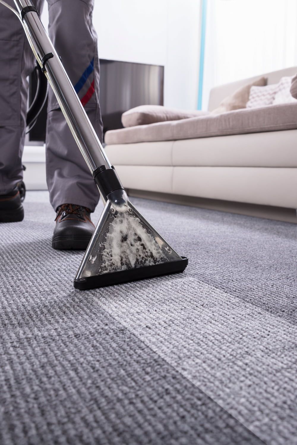 Person cleaning a grey carpet with a carpet cleaner.  — Great Lakes Carpet Cleaning & Restoration In Wingham, NSW