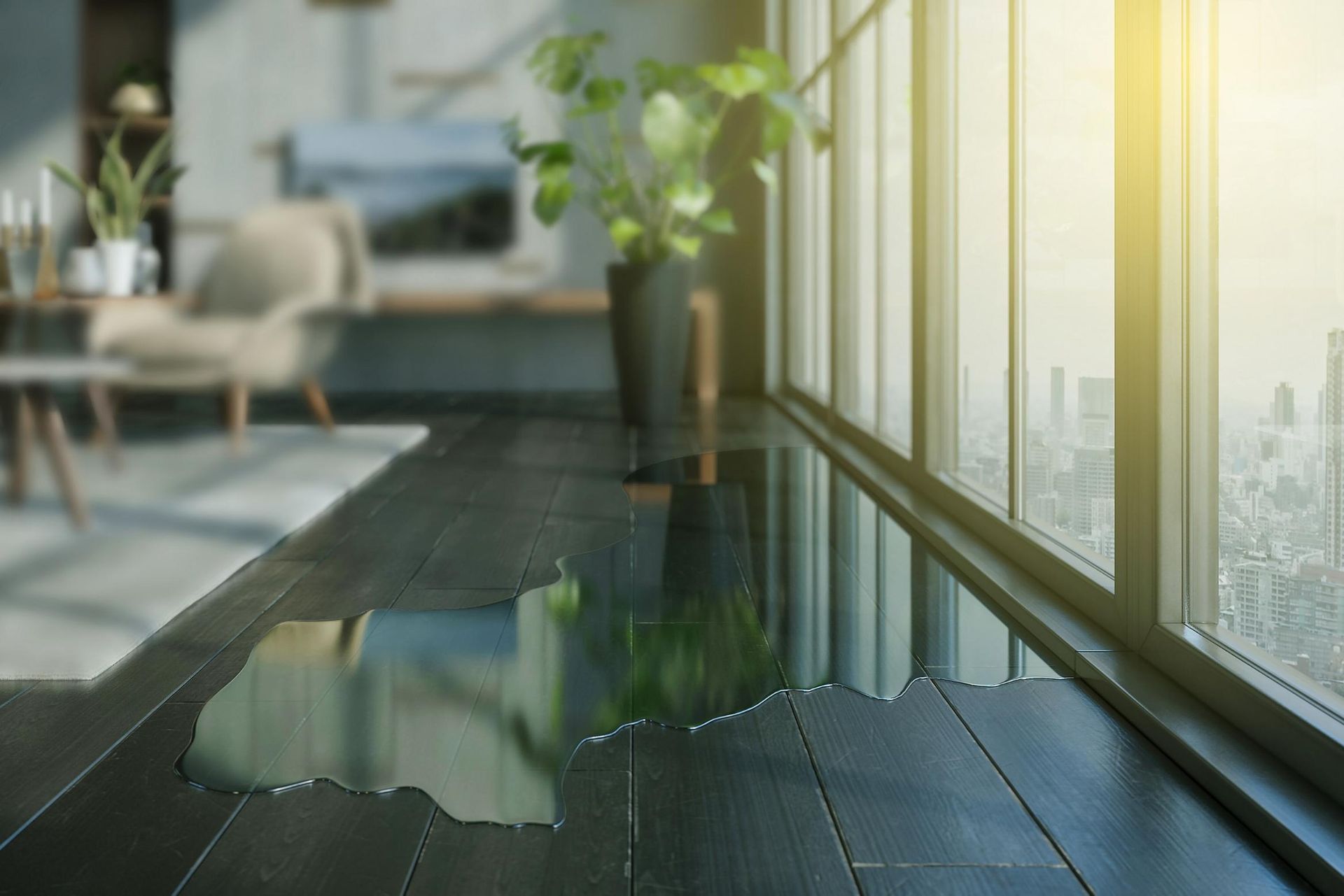There is a Puddle of Water on the Floor in the Living Room — Great Lakes Carpet Cleaning & Restoration In Hallidays Point, NSW