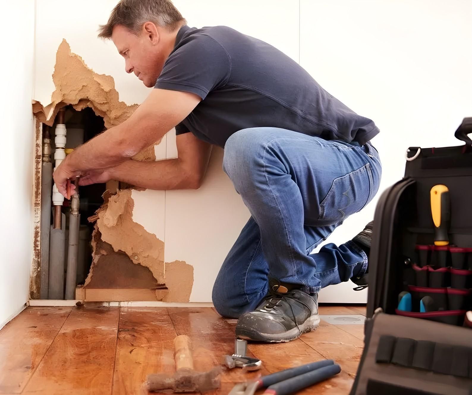 A Man is Kneeling Down to Fix a Hole in the Wall — Great Lakes Carpet Cleaning & Restoration In Wingham, NSW