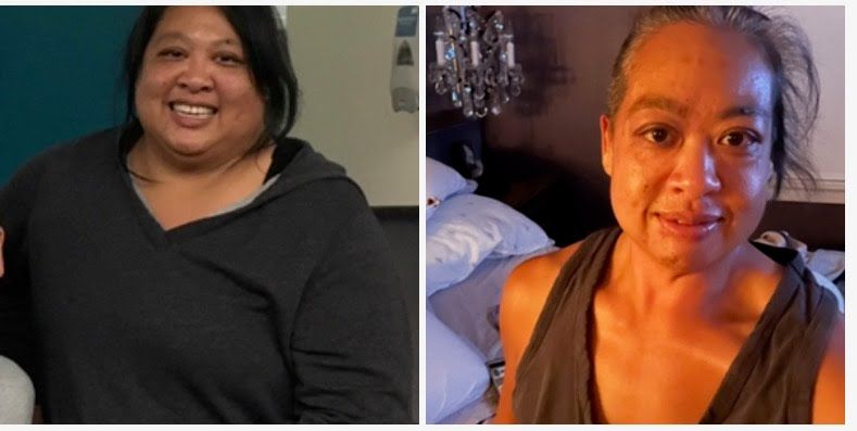 Side by side photos of Freda before and after weight loss, smiling as her body changes from a larger frame to a leaner, defined look.