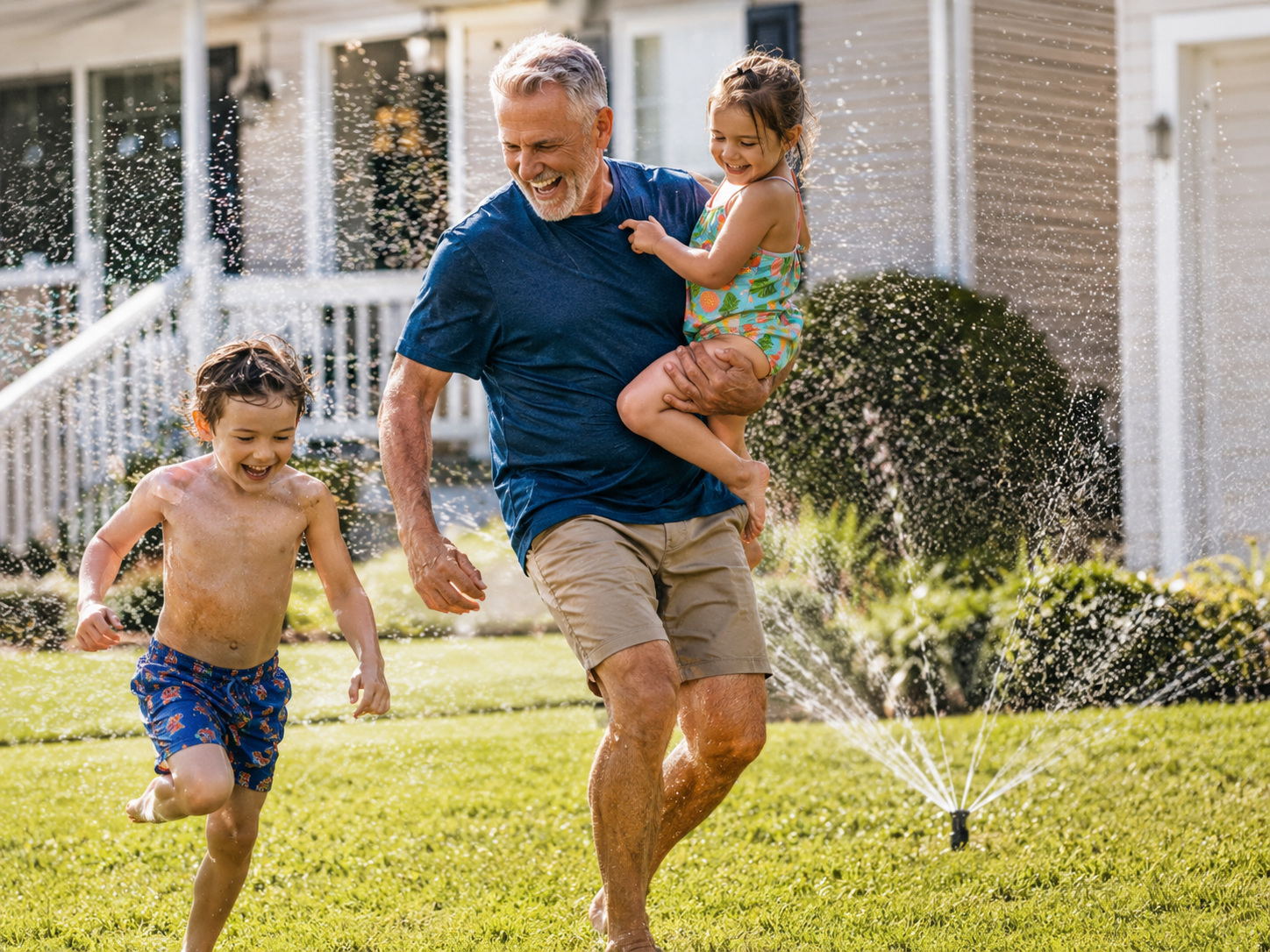 Grandfather playing in sprinklers with his grandchildren in a sunny front yard, showing active famil