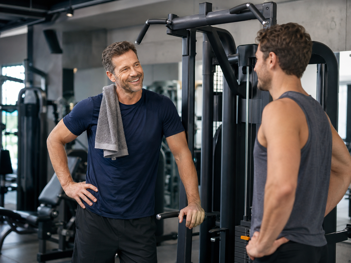Man standing beside an assisted pull-up machine with a towel over his shoulder while talking with a friend in the gym.