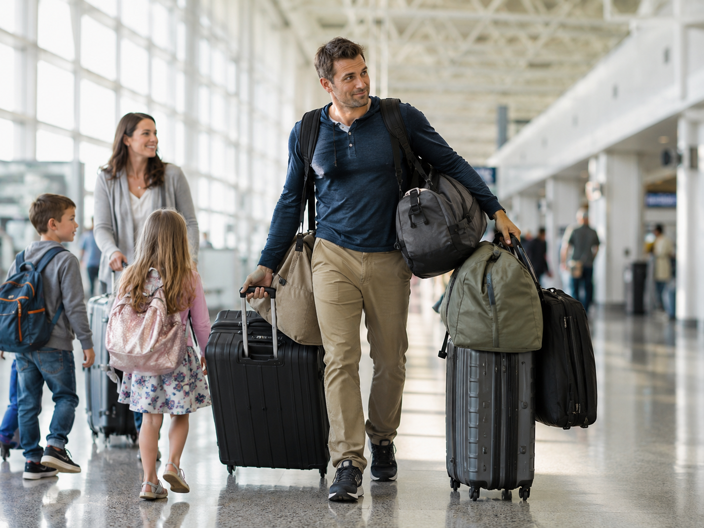 Dad carrying multiple suitcases for his family while walking through an airport, showing everyday carrying strength.