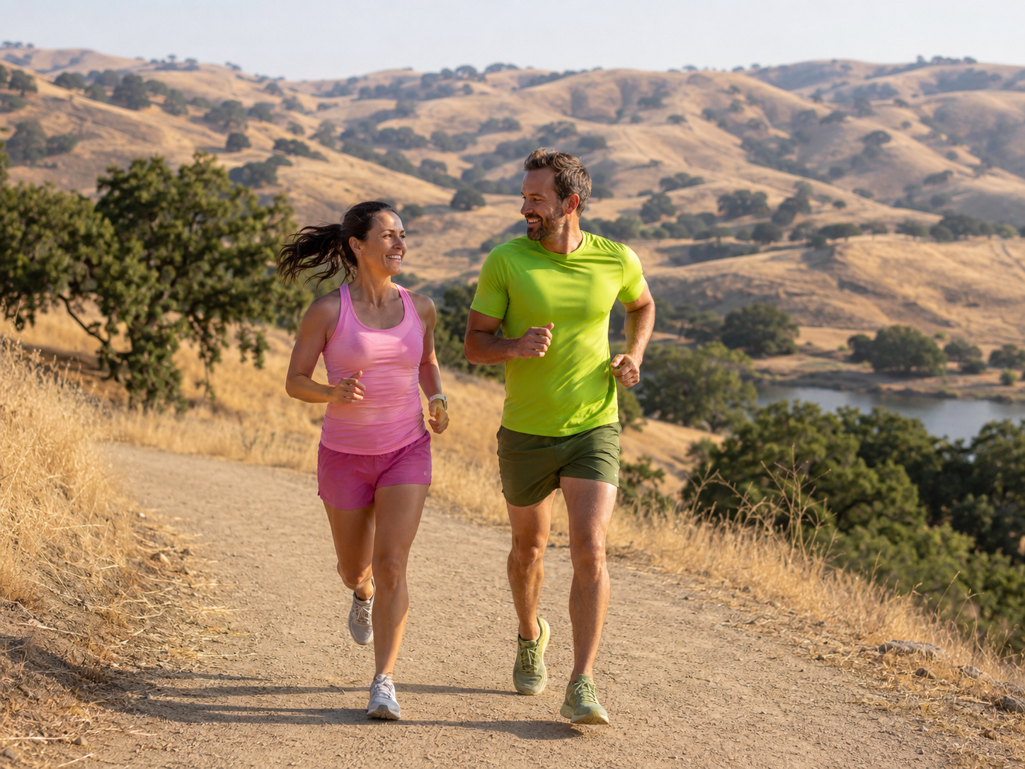 Couple running together on a sunny trail with rolling hills in the background, showing lifelong fitness and outdoor movement.