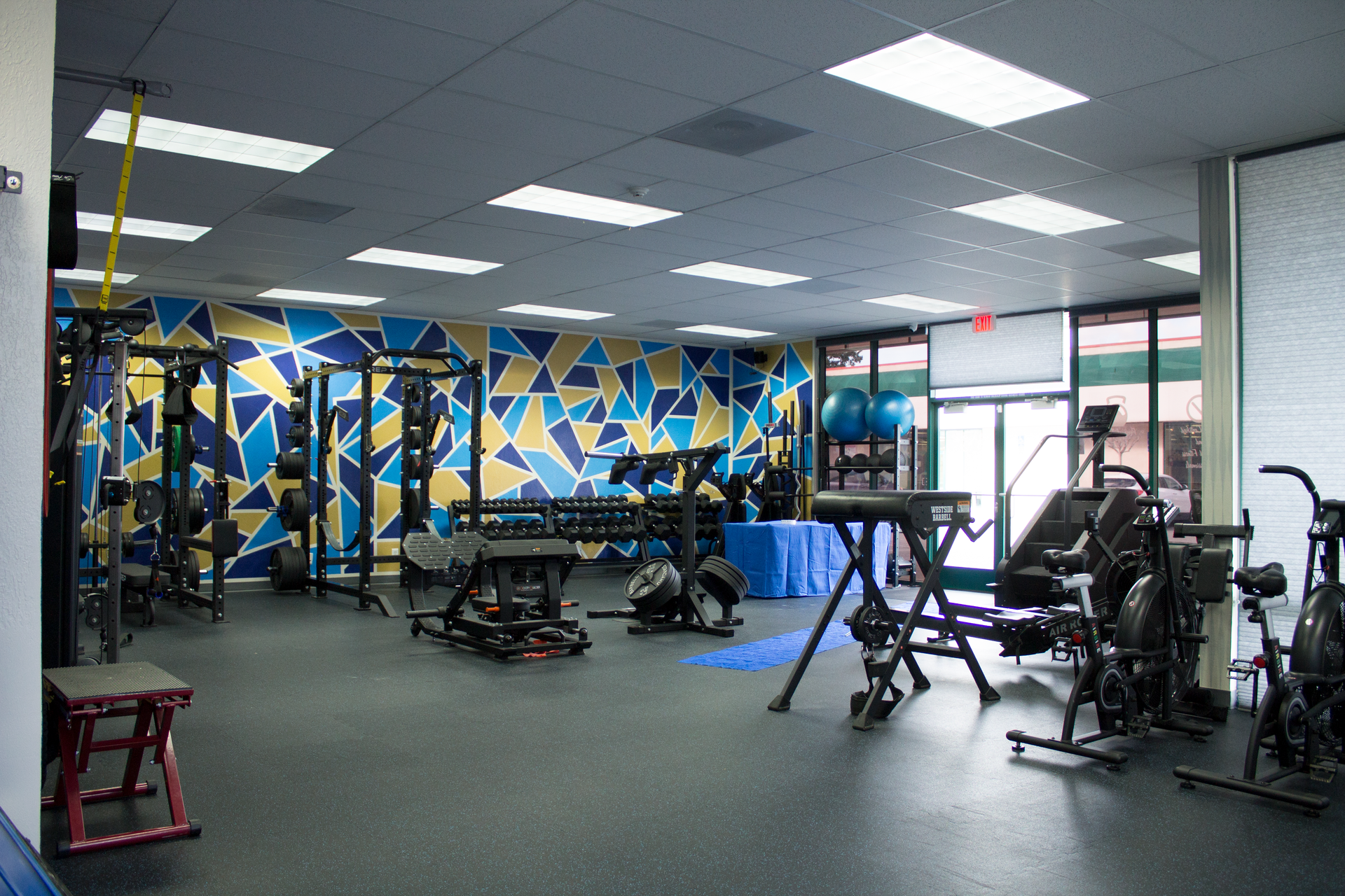 A well-equipped gym with various exercise machines free weights, and a colorful geometric wall design, illuminated by natural light.